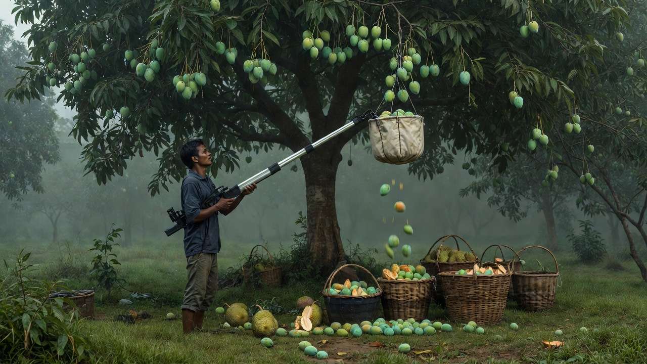 Real-world use of extendable fruit picker in tropical home orchard harvesting tall mango trees safely from the ground