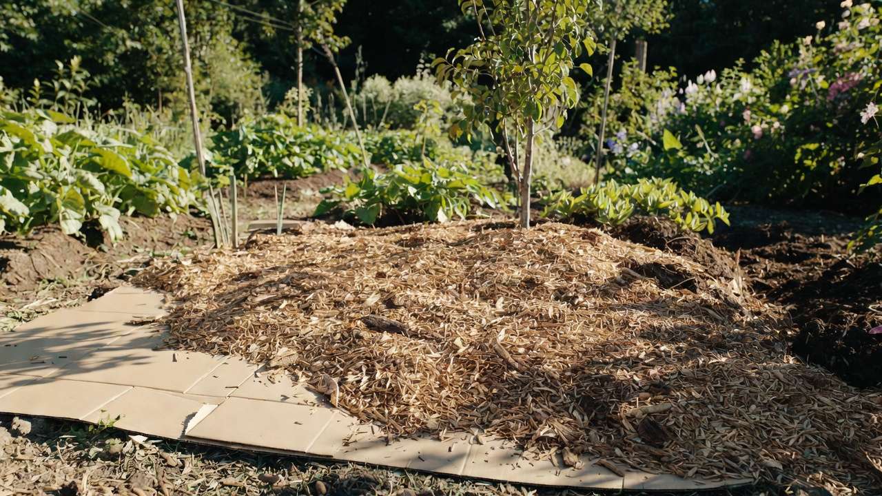 Sheet mulching with cardboard and wood chips in action for long-term weed suppression and healthier garden beds