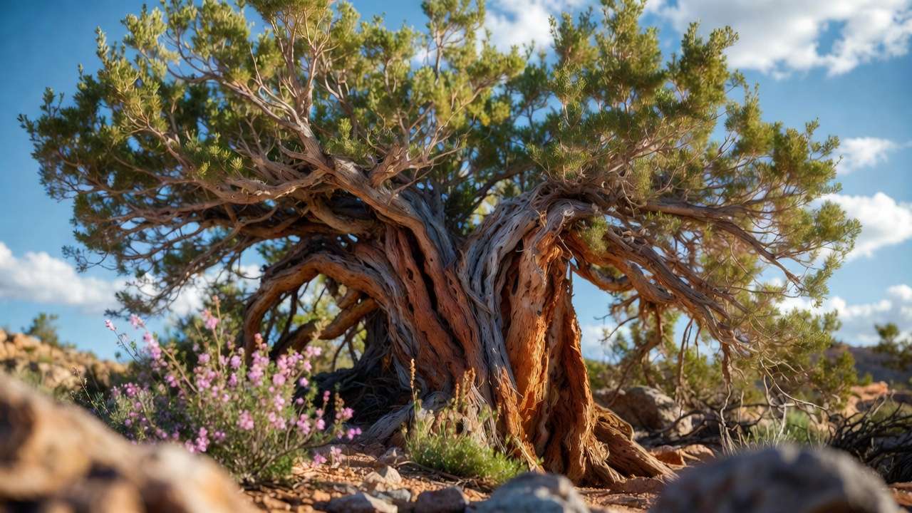 Desert ironwood tree with pink flowers and dense foliage in rocky arid environment
