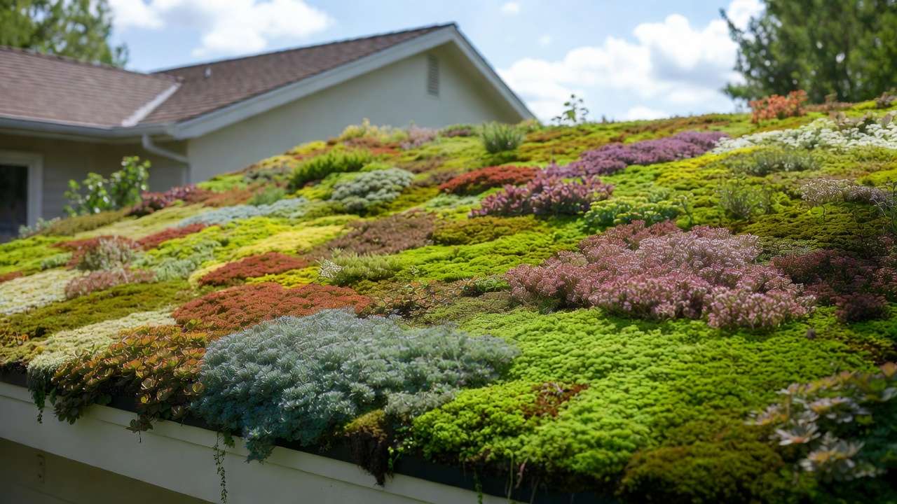 Extensive green roof with colorful sedum and succulents on a homeowner's garage rooftop in sunny weather