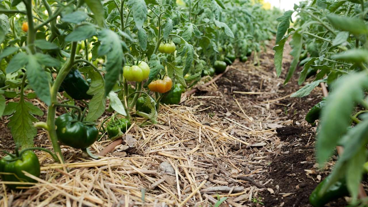 Vegetable garden with straw and wood chip mulch for water conservation and healthy plant growth