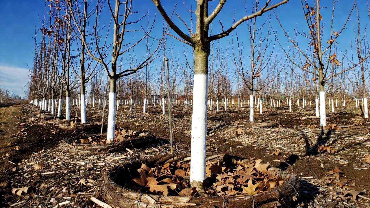 Fruit tree trunks painted white with mulch for winter sunscald and rodent protection