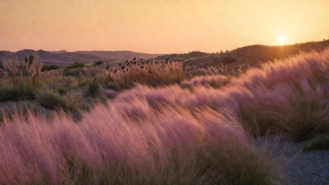Mature sustainable arid grassland landscape with pink muhly and little bluestem glowing in sunset light, perfect low-water garden inspiration
