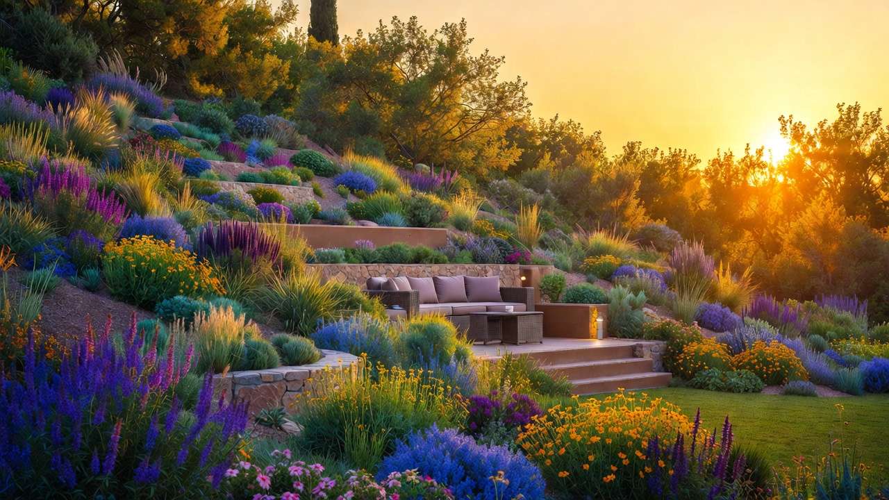 Beautiful resilient sloped yard xeriscape landscape with low-maintenance plants and integrated seating at sunset