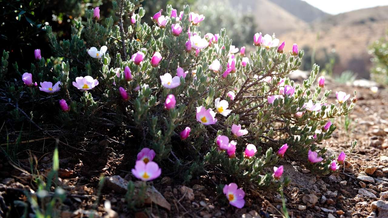 Rockrose shrub blooming vibrantly in a drought-tolerant dry garden.