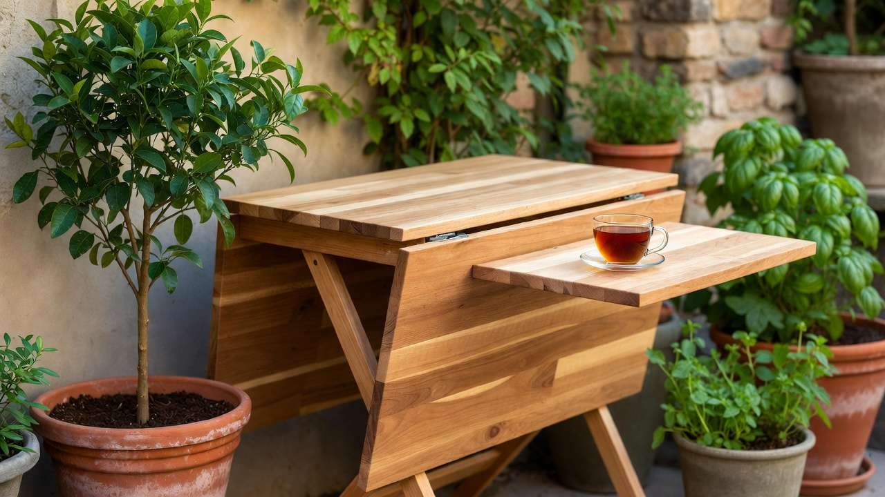 Foldable extendable outdoor table in tiny garden with dwarf citrus and herbs