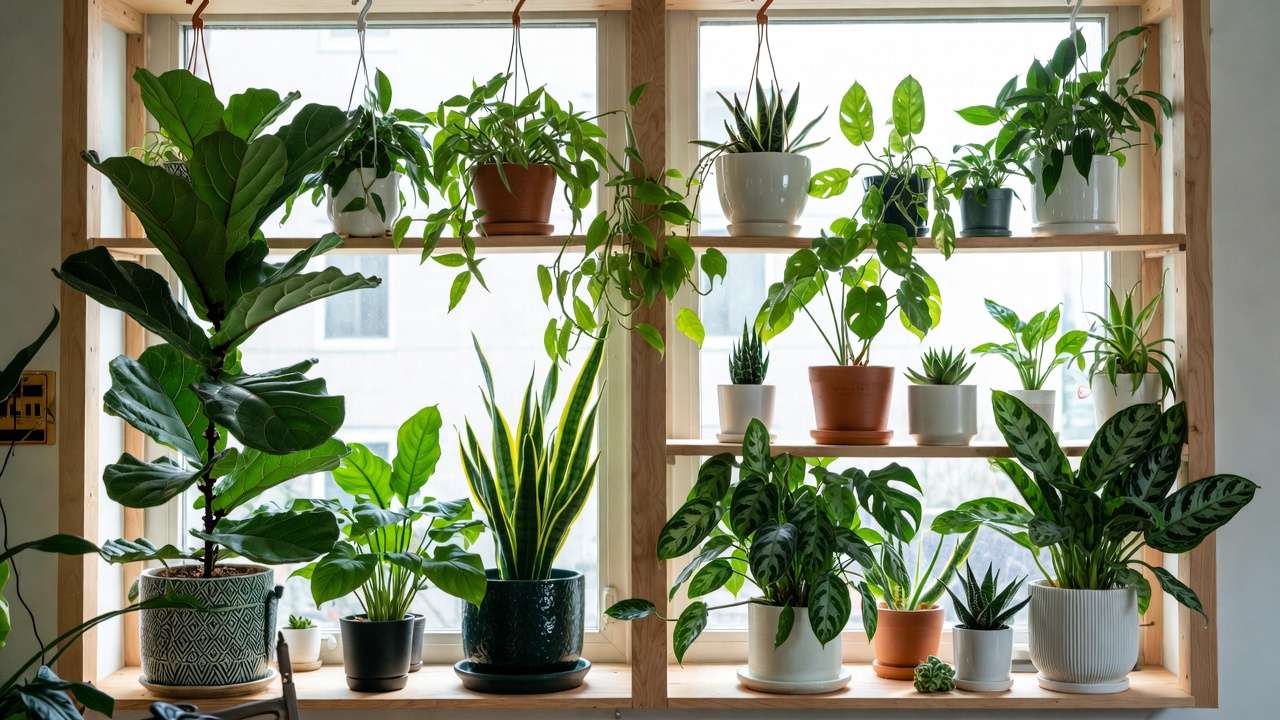 Collection of thriving indoor houseplants in various light conditions near bright window