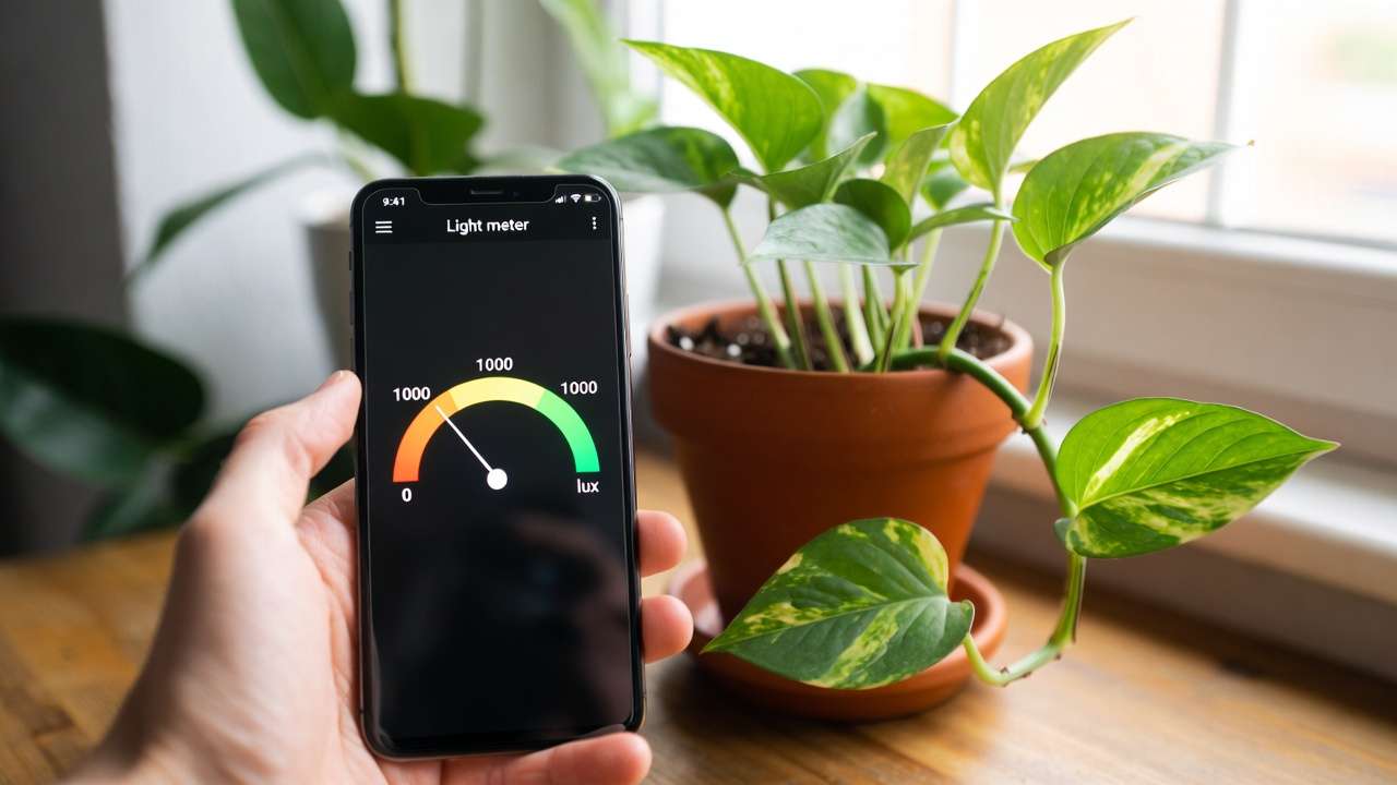 Smartphone light meter app measuring lux levels next to thriving indoor houseplant for accurate light assessment