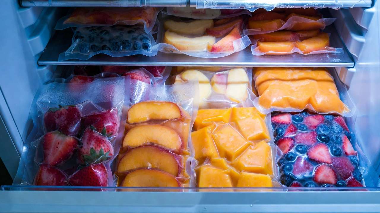 Organized vacuum-sealed frozen homegrown fruit bags in freezer for 6-12 months storage including strawberries peaches and berries