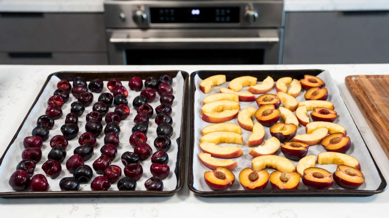 Tray freezing IQF cherries apples plums on baking sheets for home orchard fruit preservation