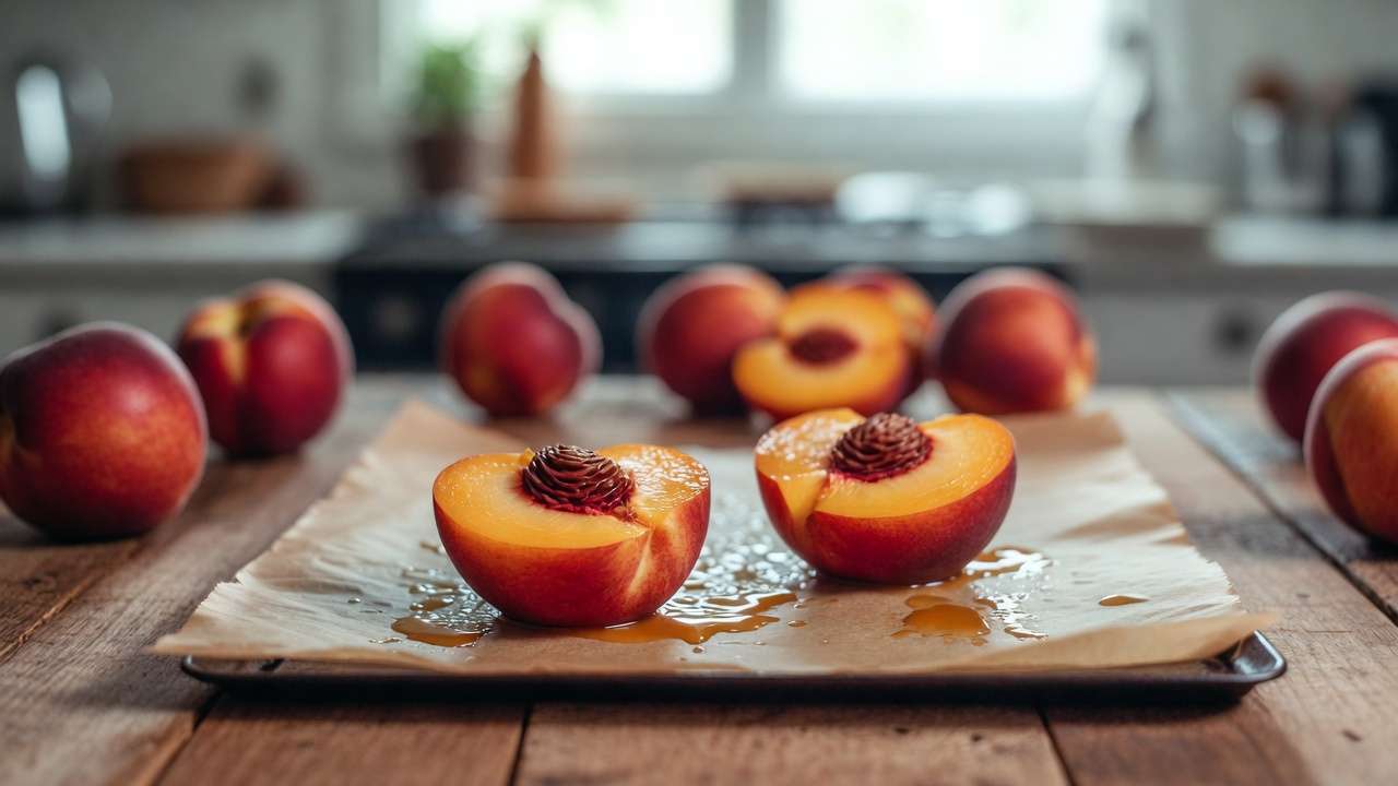 Sliced peaches on baking sheet ready for freezing