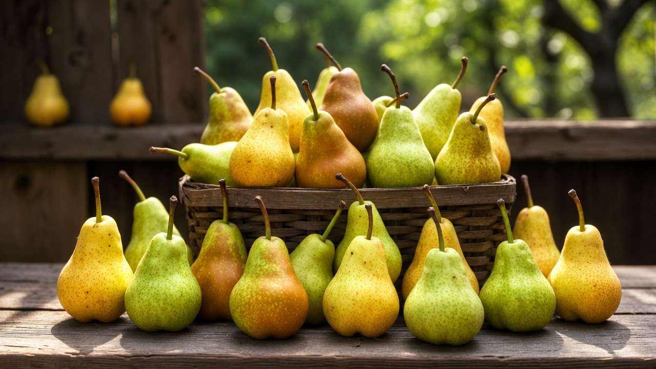Fresh harvest of fire blight resistant pear varieties in basket from home orchard