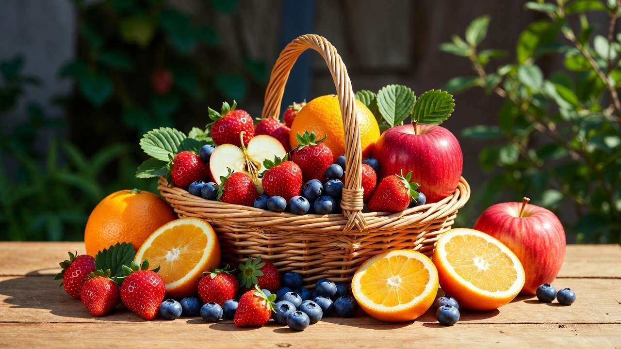 Freshly harvested mixed fruits in morning basket, strawberries blueberries apples citrus showing peak freshness