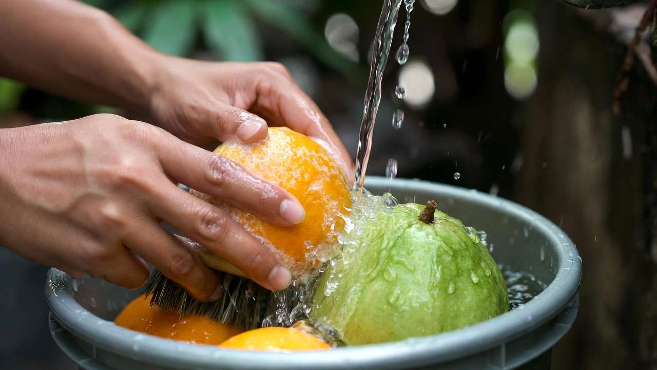 Brushing and rinsing citrus and guava fruits as part of fruit-specific post-harvest washing