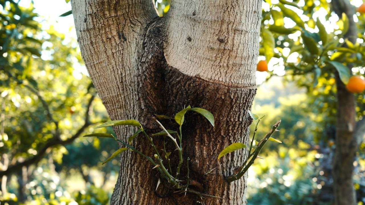 Citrus tree with thorny suckers below graft union needing removal
