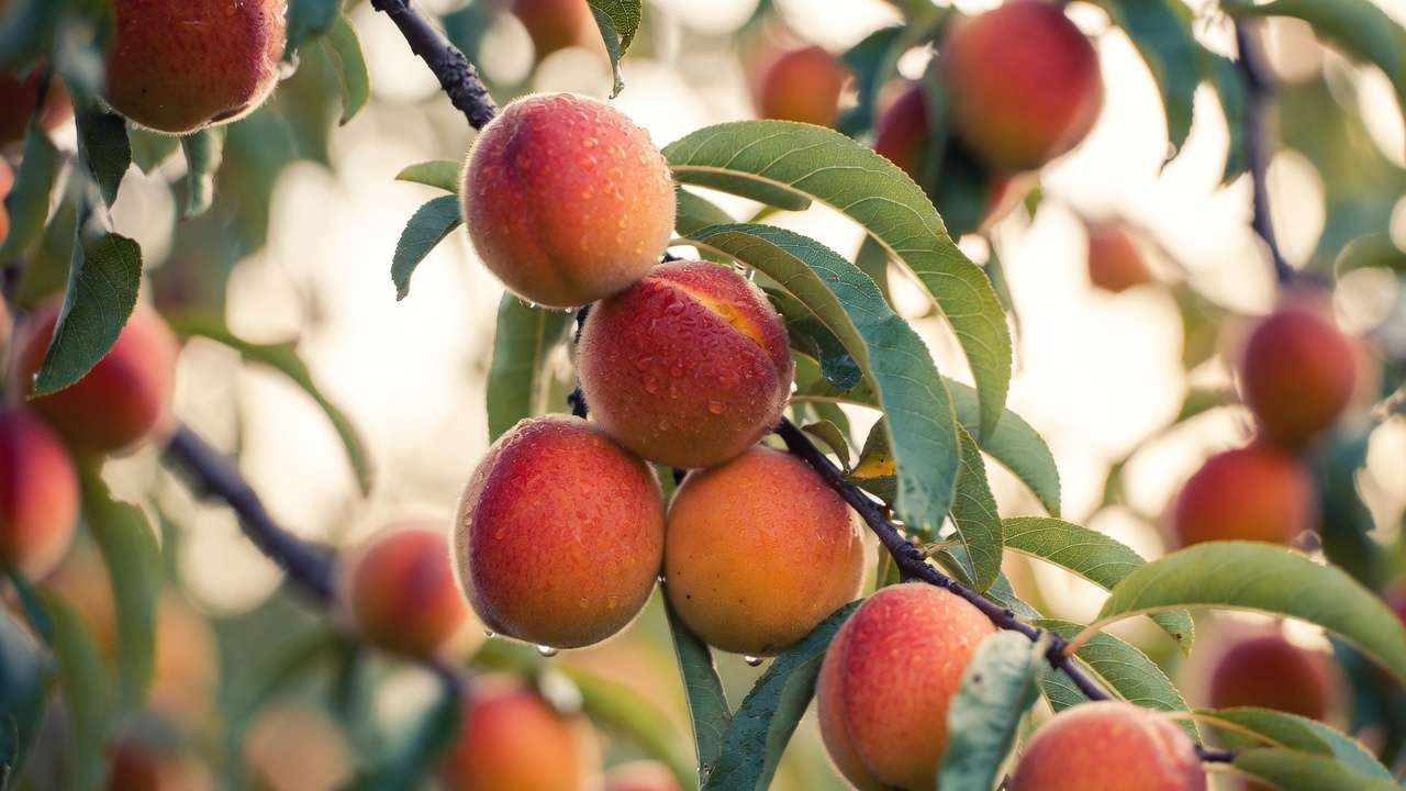 Juicy ripe peaches on tree branch in morning light, perfect for harvesting at the best time of day