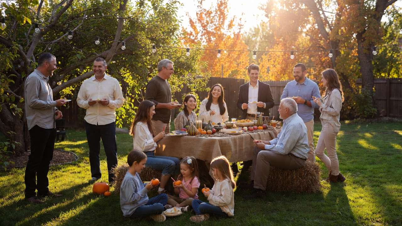 Family and friends enjoying harvest festival activities like pumpkin decorating and garden games in cozy autumn backyard setting