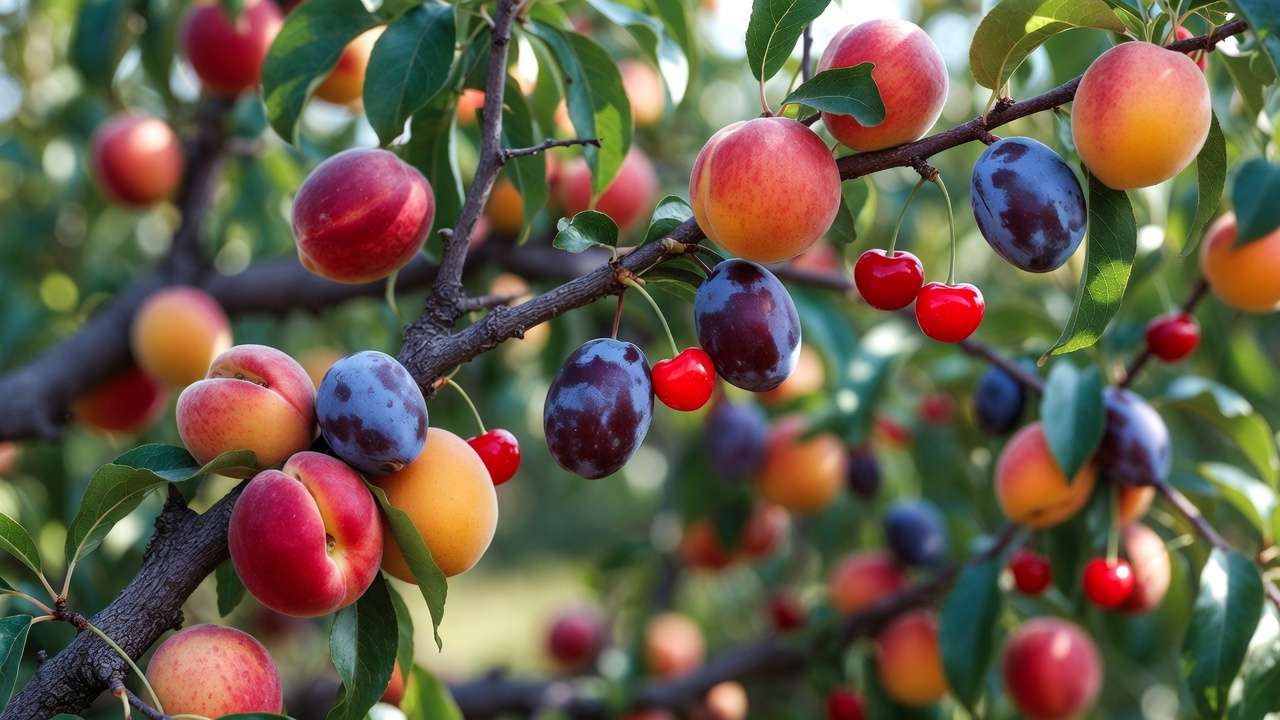 Ripe stone fruits on tree branches showing peak color and readiness for harvest in home orchard