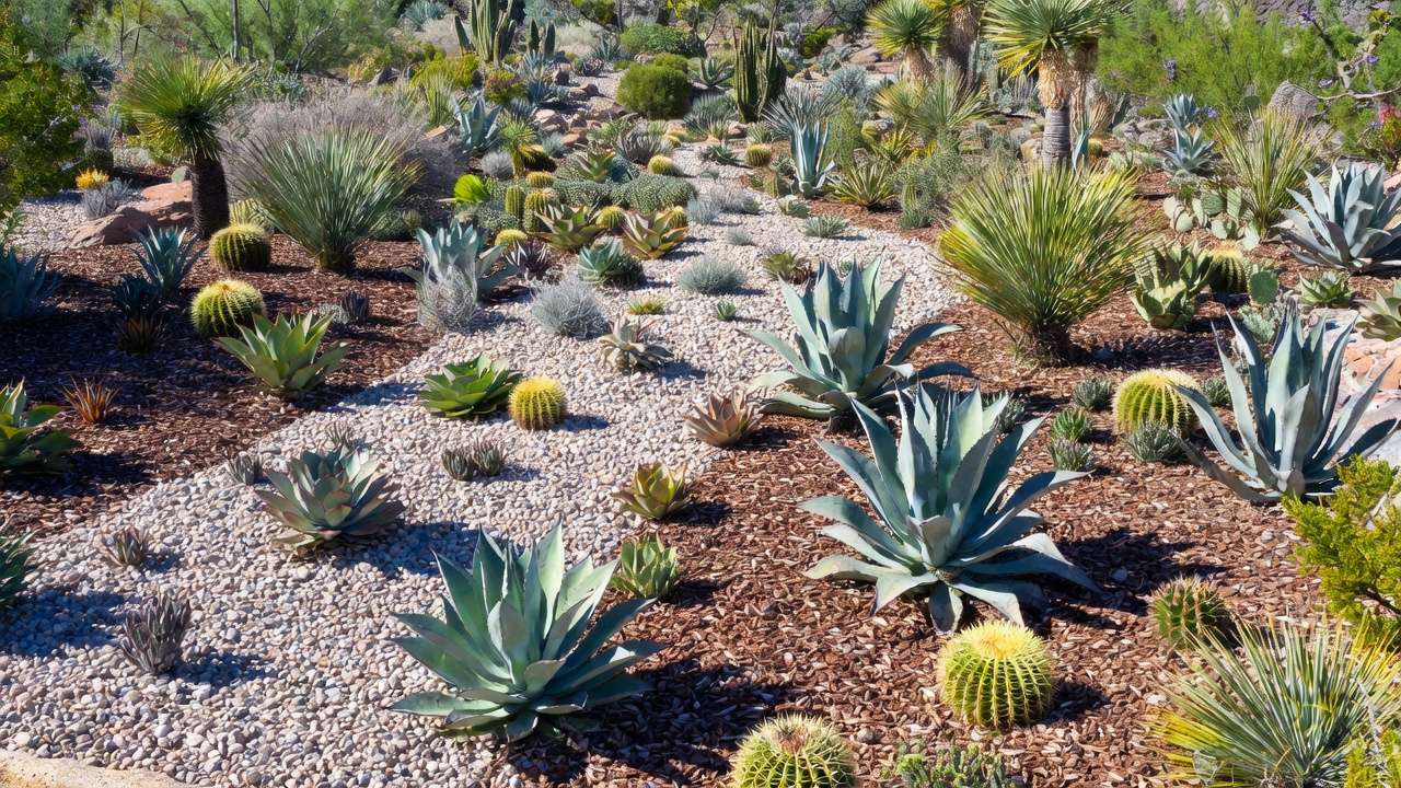 Modern xeric landscaping with gravel mulch and drought-tolerant succulents for low-water garden design