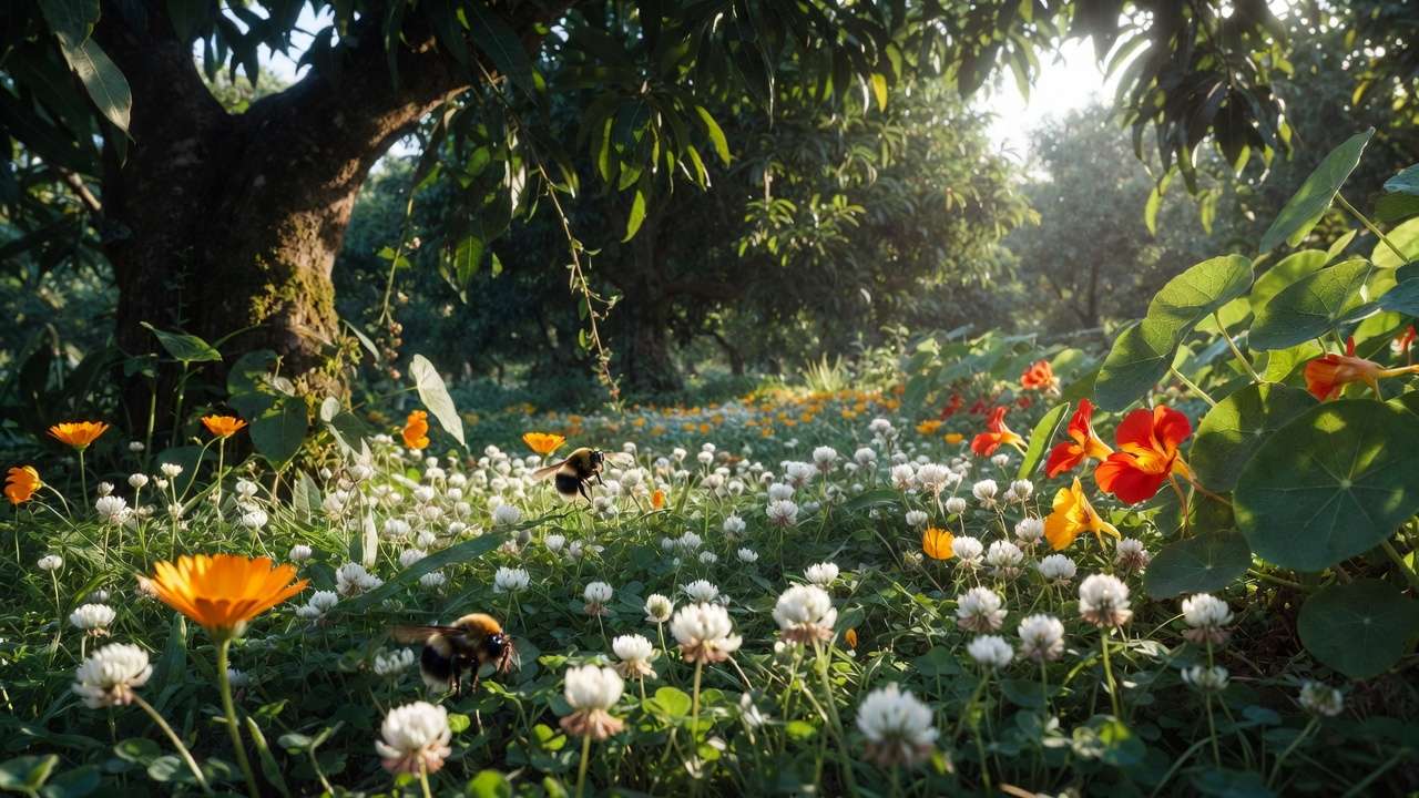 White clover, creeping thyme, calendula, and nasturtium as pollinator-friendly ground cover under mango and guava trees