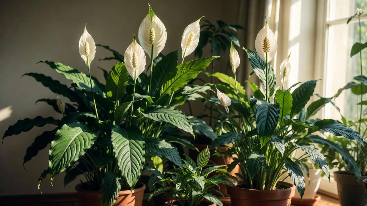 Cluster of peace lily plants grouped in home corner to maximize air purifying benefits and humidity