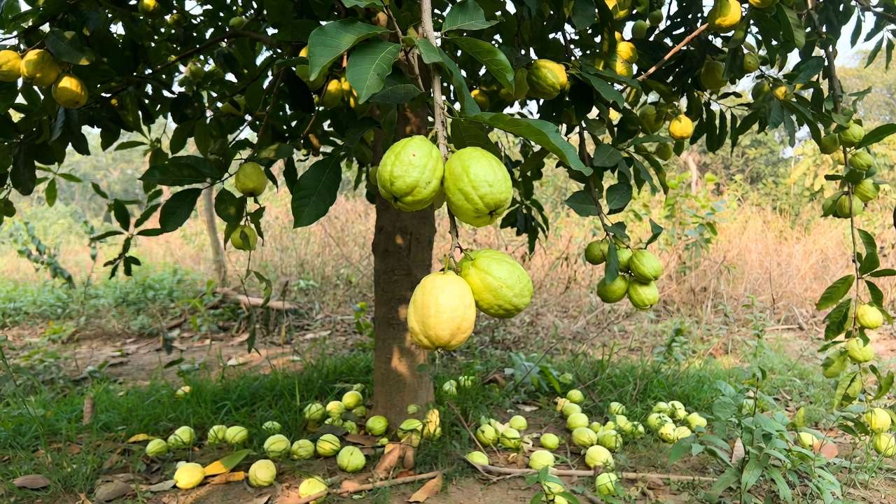 Guava tree heavy with ripe fruits in a resilient wet-dry cycle garden in Bangladesh