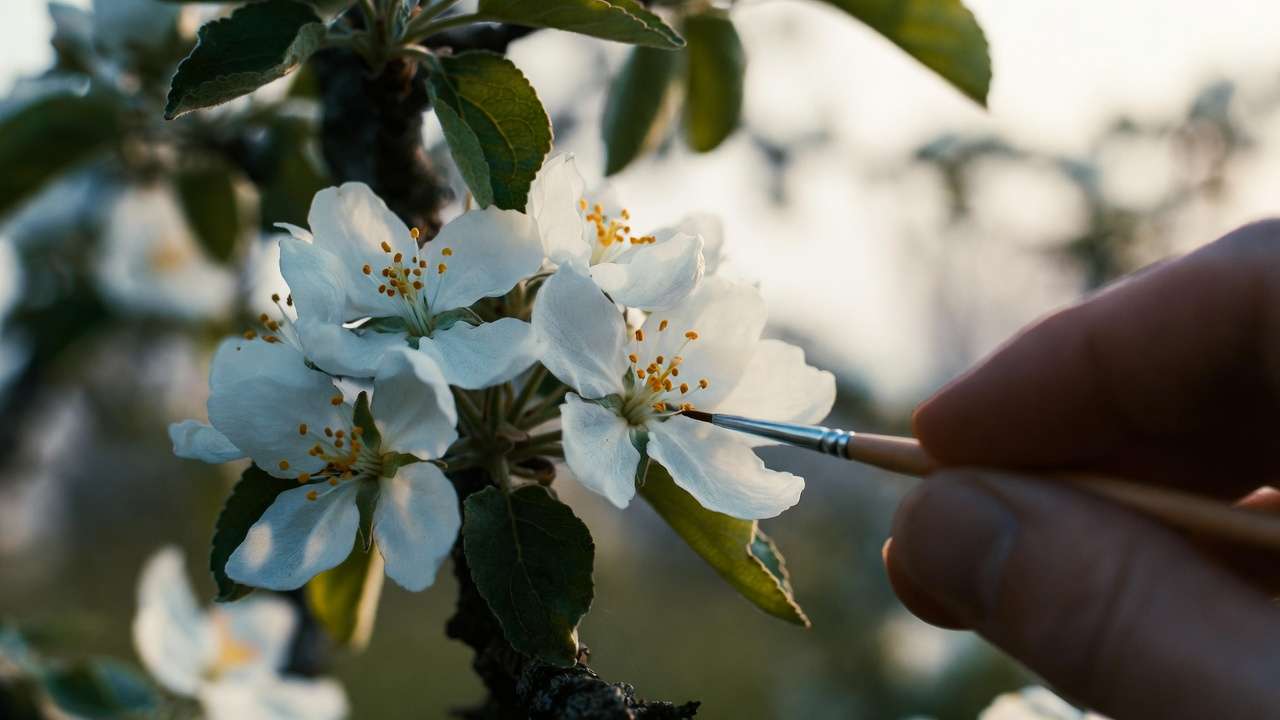 Hand pollination technique using brush on apple tree blossom as backup for poor cross-pollination overlap