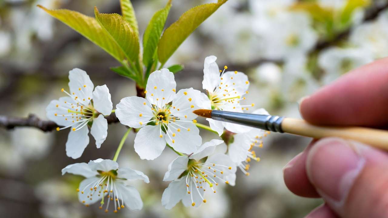 Hand-pollinating sweet cherry flowers with brush as pollination backup method.