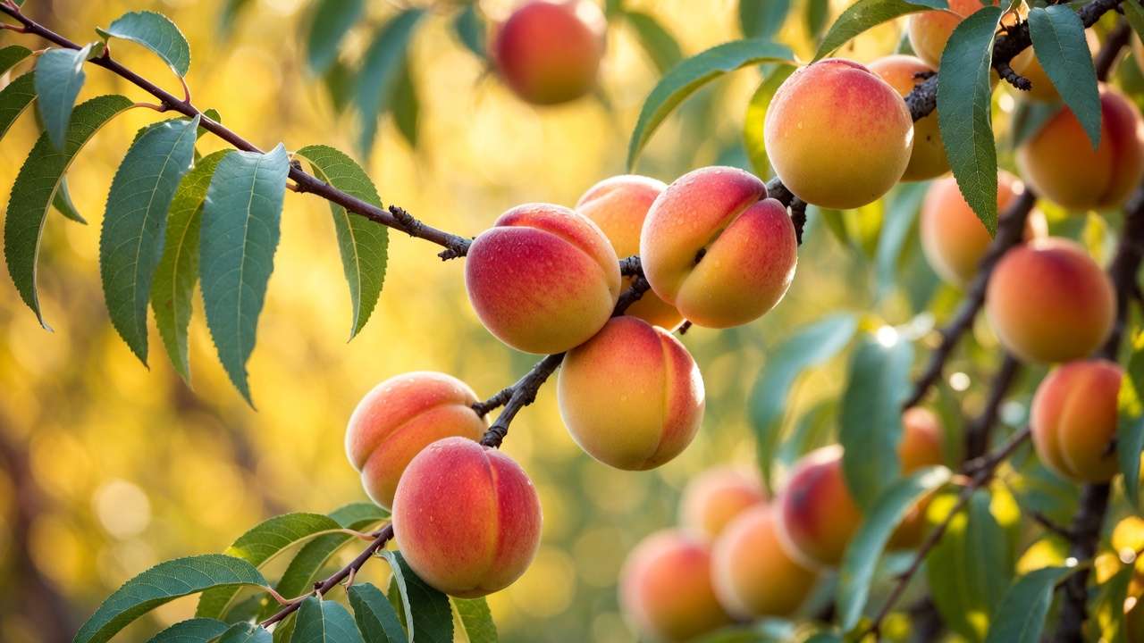 Ripe peaches ready for harvest on tree branch in sunny orchard