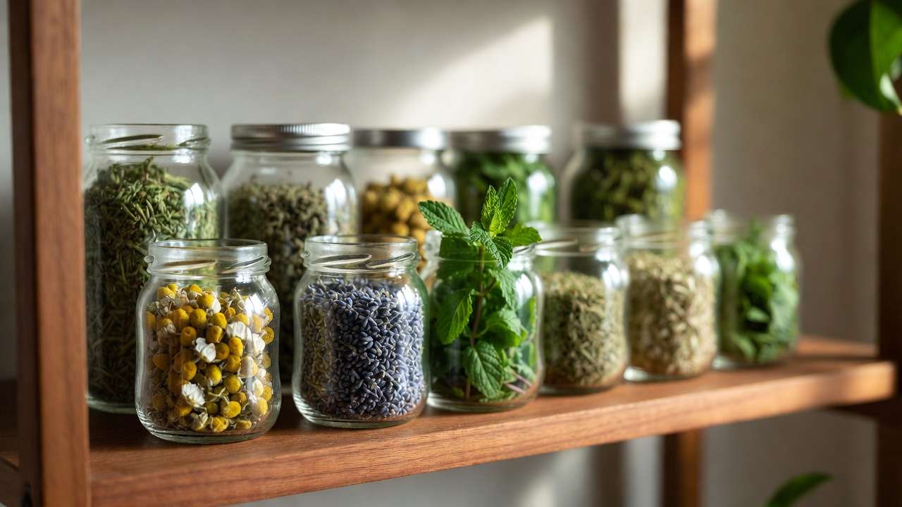 Dried homegrown herbs like chamomile, lavender, and mint stored in glass jars for year-round herbal teas