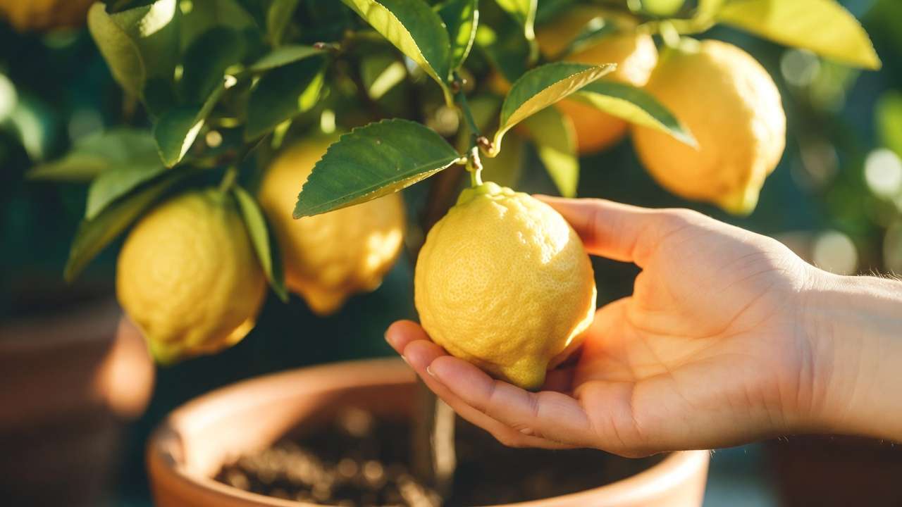 Hand harvesting a ripe Meyer lemon from a dwarf container fruit tree on a sunny patio