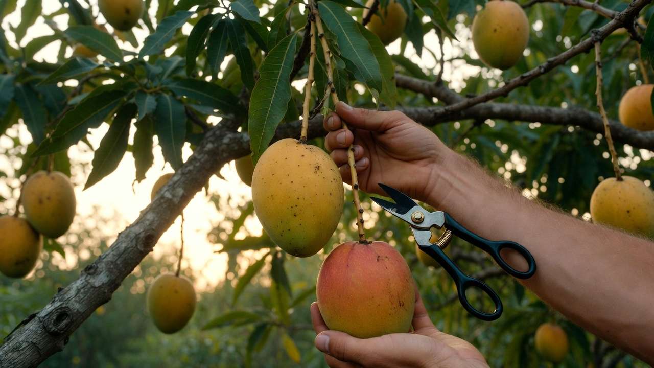 Hands harvesting ripe mangoes from orchard tree at peak ripeness for fruit gift baskets