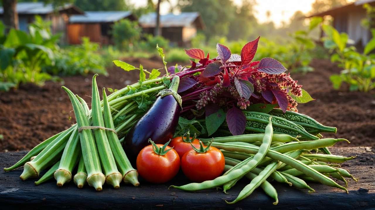 Fresh harvest from tropical community garden including okra brinjal tomatoes yardlong beans and amaranth