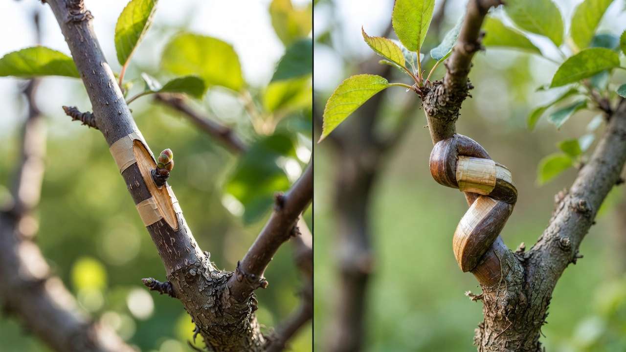 Side-by-side comparison of chip budding vs whip-and-tongue graft on fruit tree branches showing union differences
