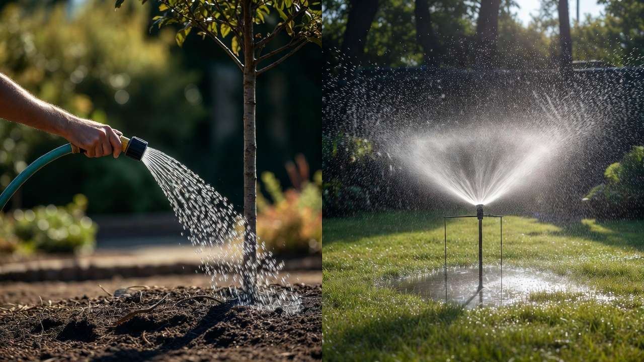 Side-by-side comparison: targeted hand watering tree roots vs sprinkler waste with runoff in garden