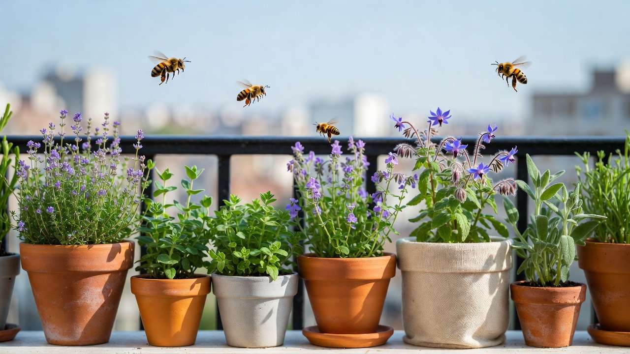 Flowering culinary herbs in pots attracting bees on urban balcony