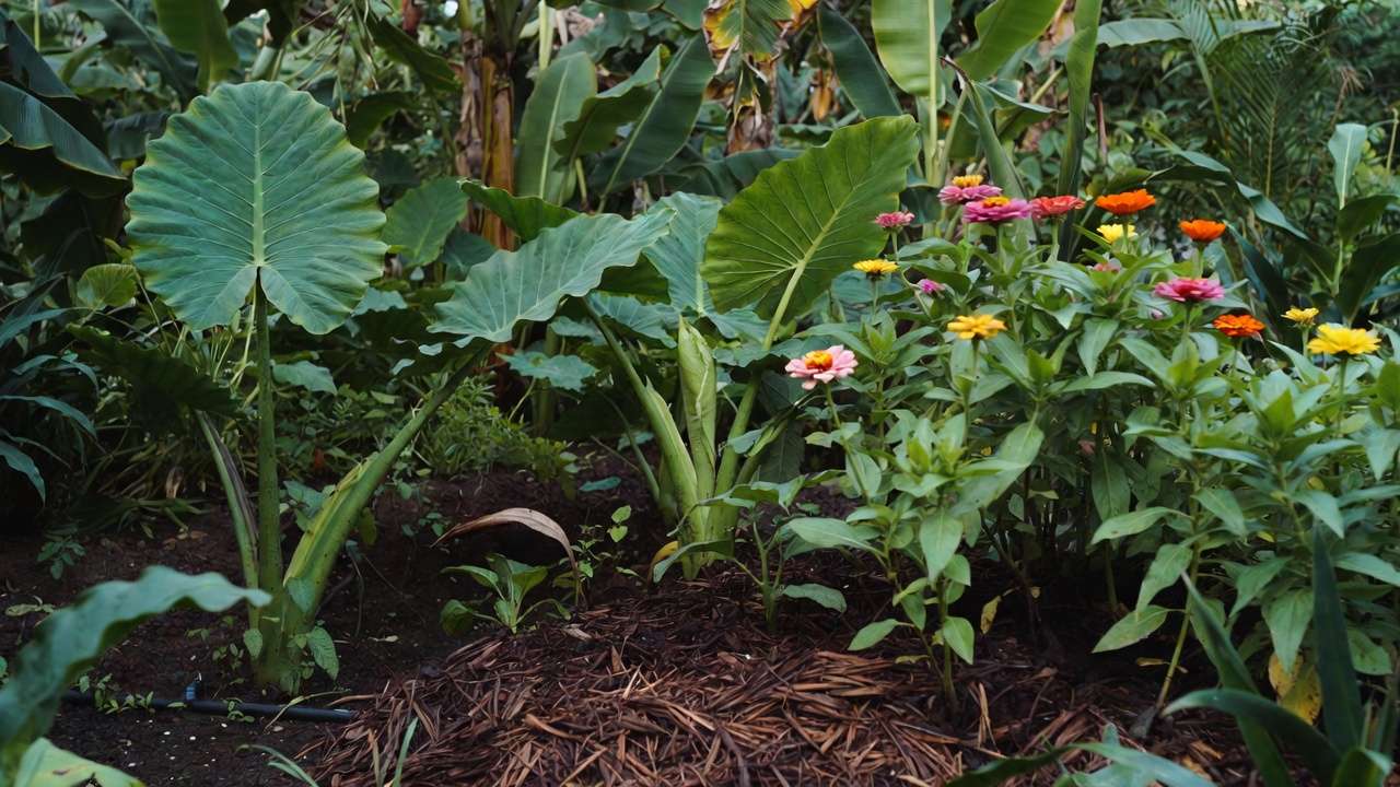 High-water hydrozone with moisture-loving tropical plants like banana and annual flowers in a water-wise garden