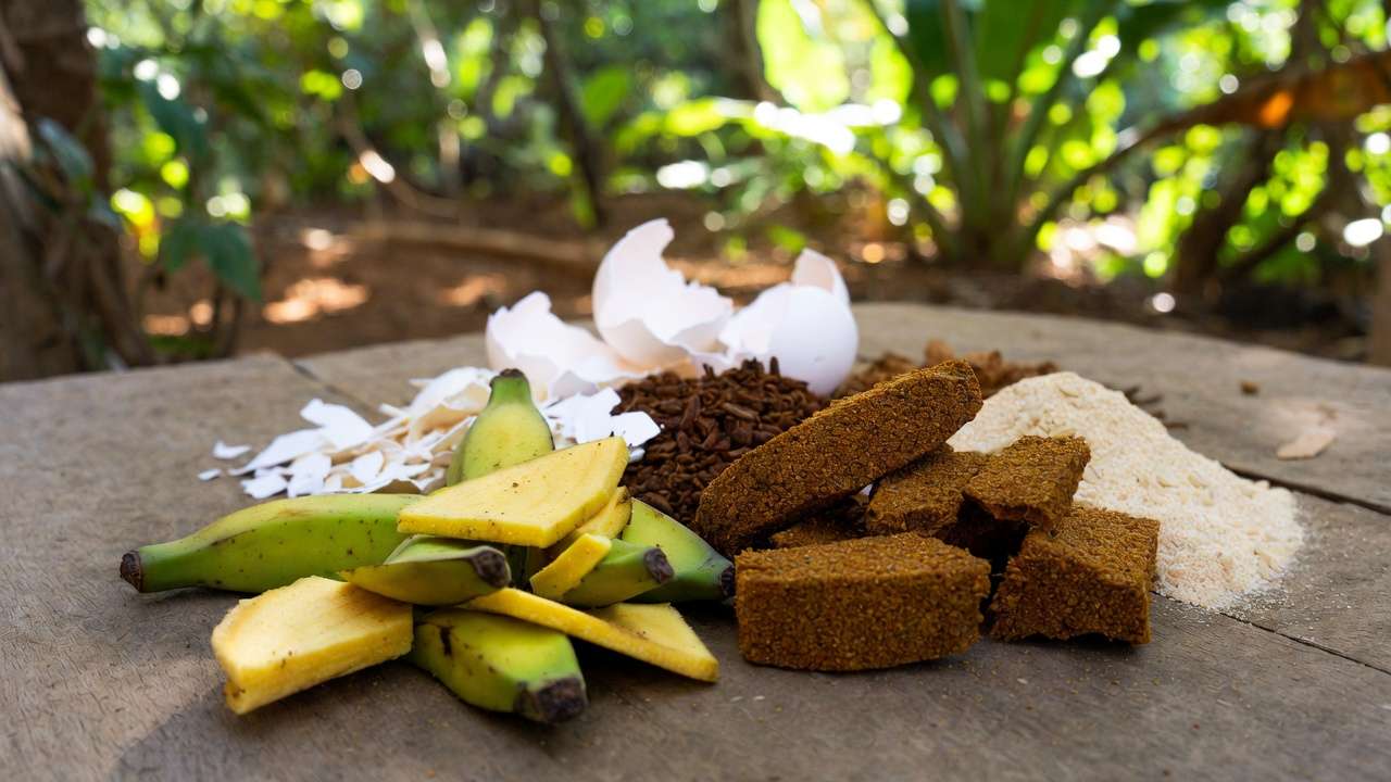 Ingredients for homemade organic fertilizers including banana peels, eggshells, and mustard cake for fruit trees.
