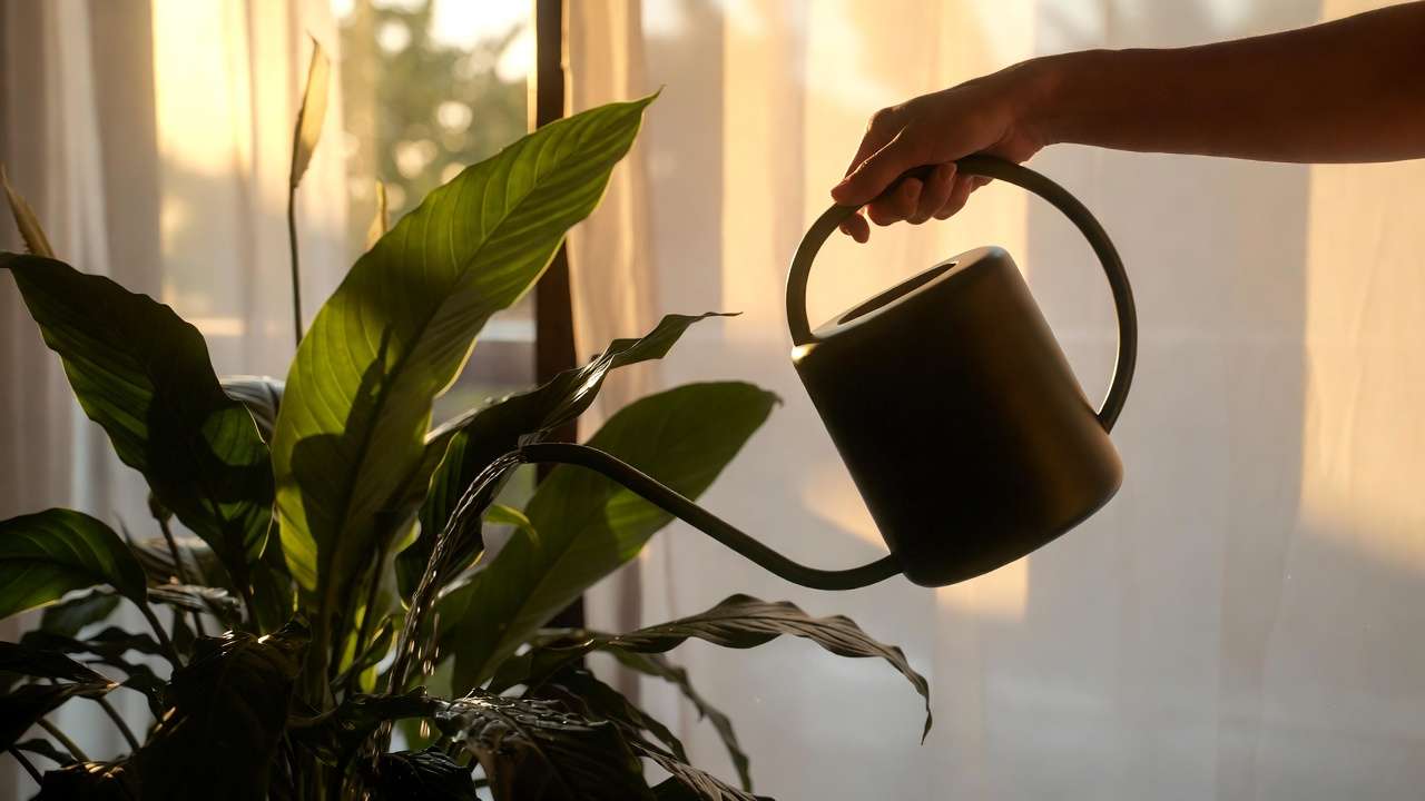 Person mindfully watering a Peace Lily houseplant in warm sunlight, illustrating daily plant care ritual for anxiety reduction