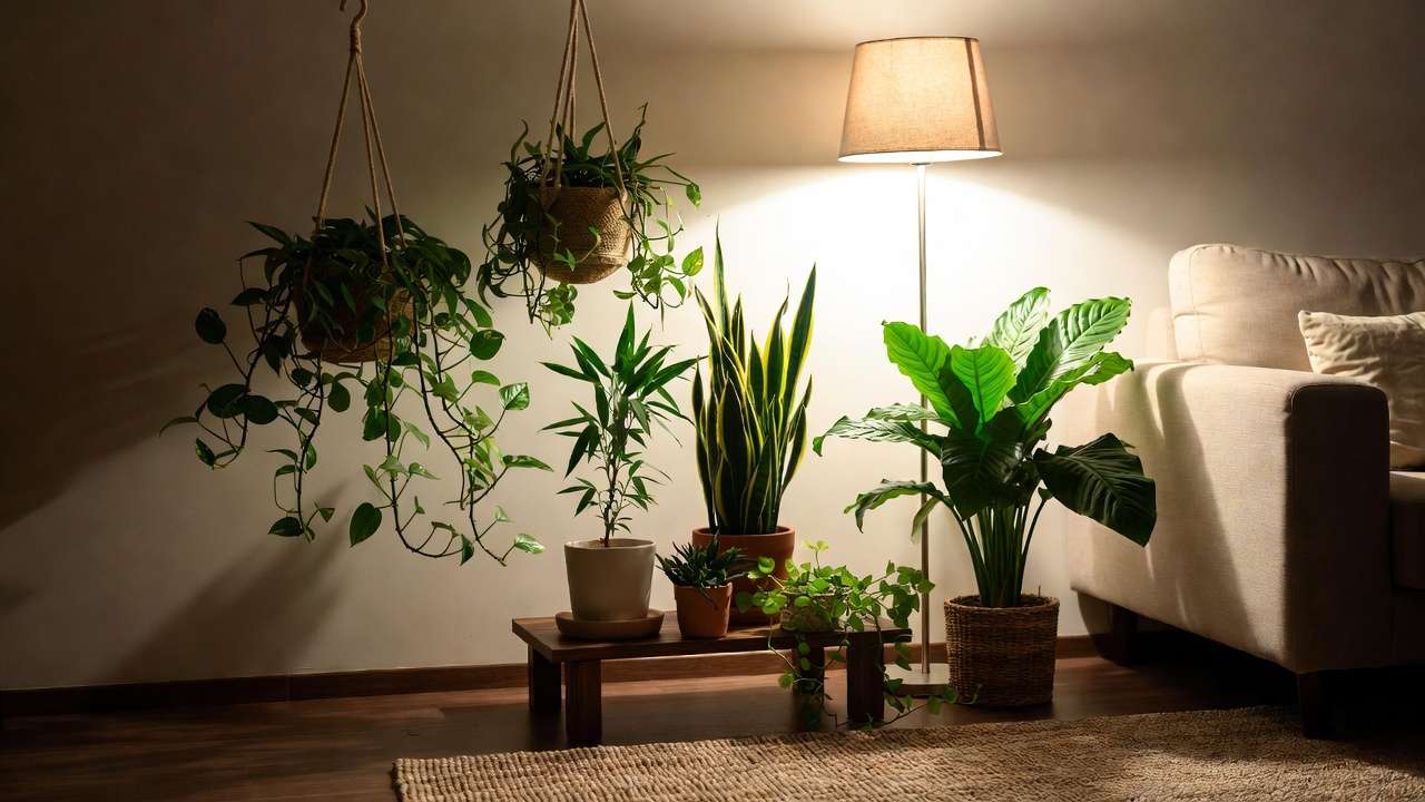 Serene indoor calm corner with Snake Plant, Pothos, Peace Lily, and Bamboo Palm arranged for stress relief and mindfulness
