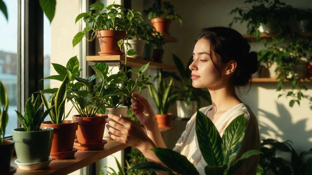 Woman caring for indoor houseplants in bright natural light, illustrating biophilia wellness benefits through plant nurturing.