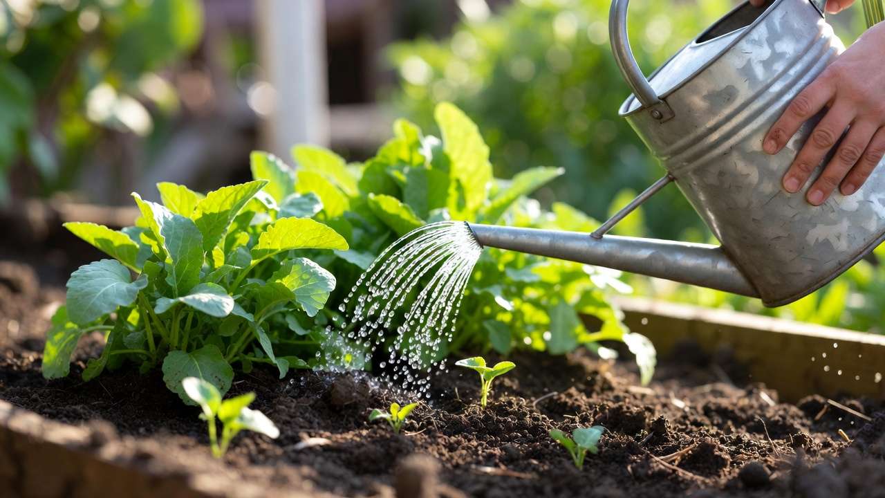 Close-up of precise hand watering at plant base with watering can in garden bed for efficient deep soaking