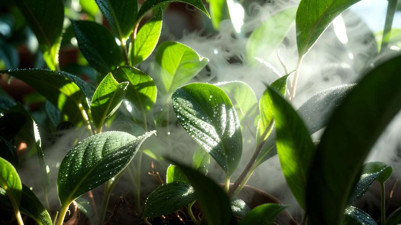 Close-up of indoor plant leaves releasing natural volatile compounds and essential oil-like aromas in soft sunlight