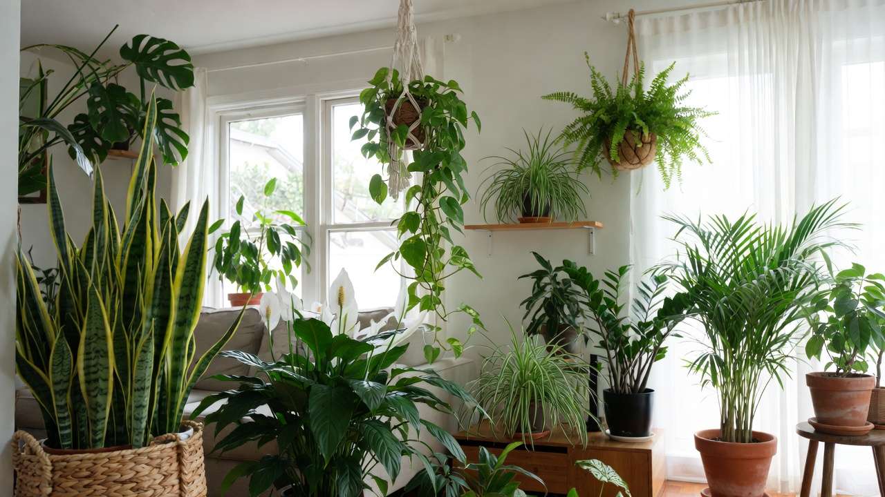 Indoor plants arrangement in living room for maximum air purification benefits