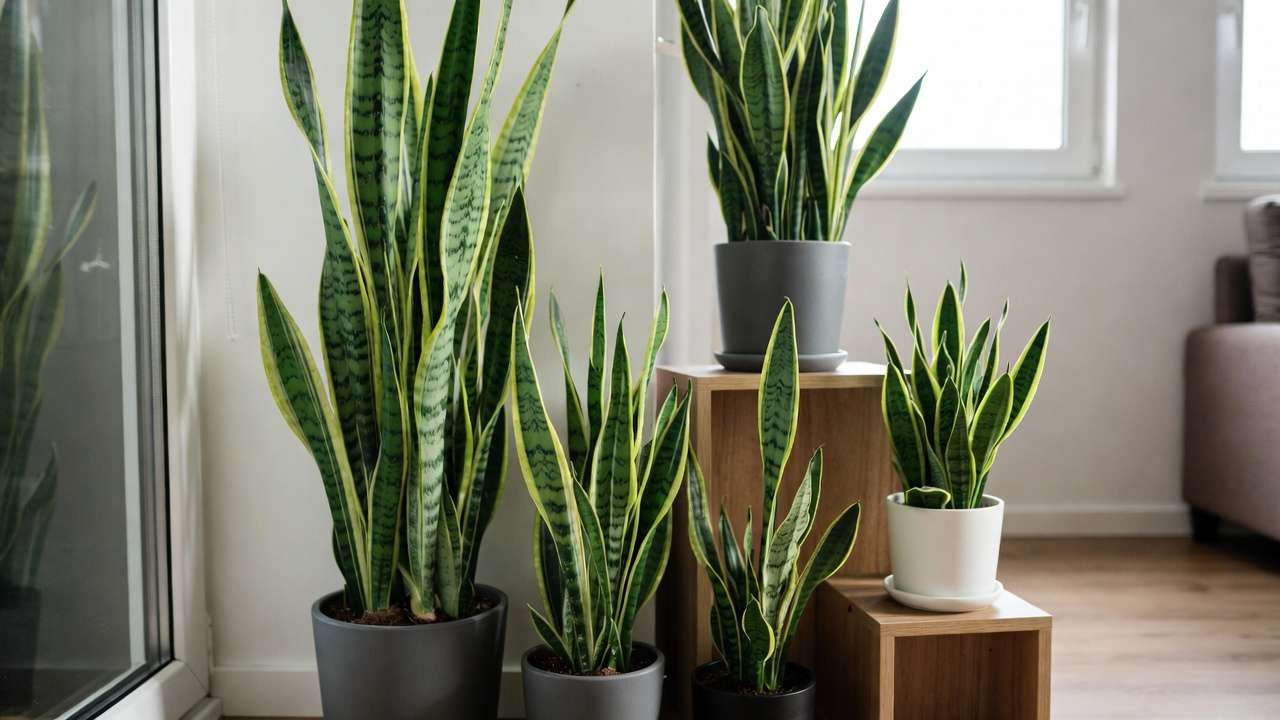 Multiple snake plants grouped in modern living room corner for optimal indoor air purification