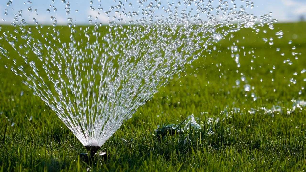 Oscillating sprinkler watering lawn with visible water spray and potential evaporation in sunny garden