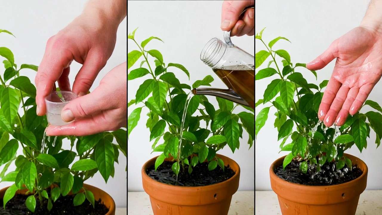 Step-by-step hands applying fertilizer to a potted plant: pre-watering, feeding, and flushing excess salts