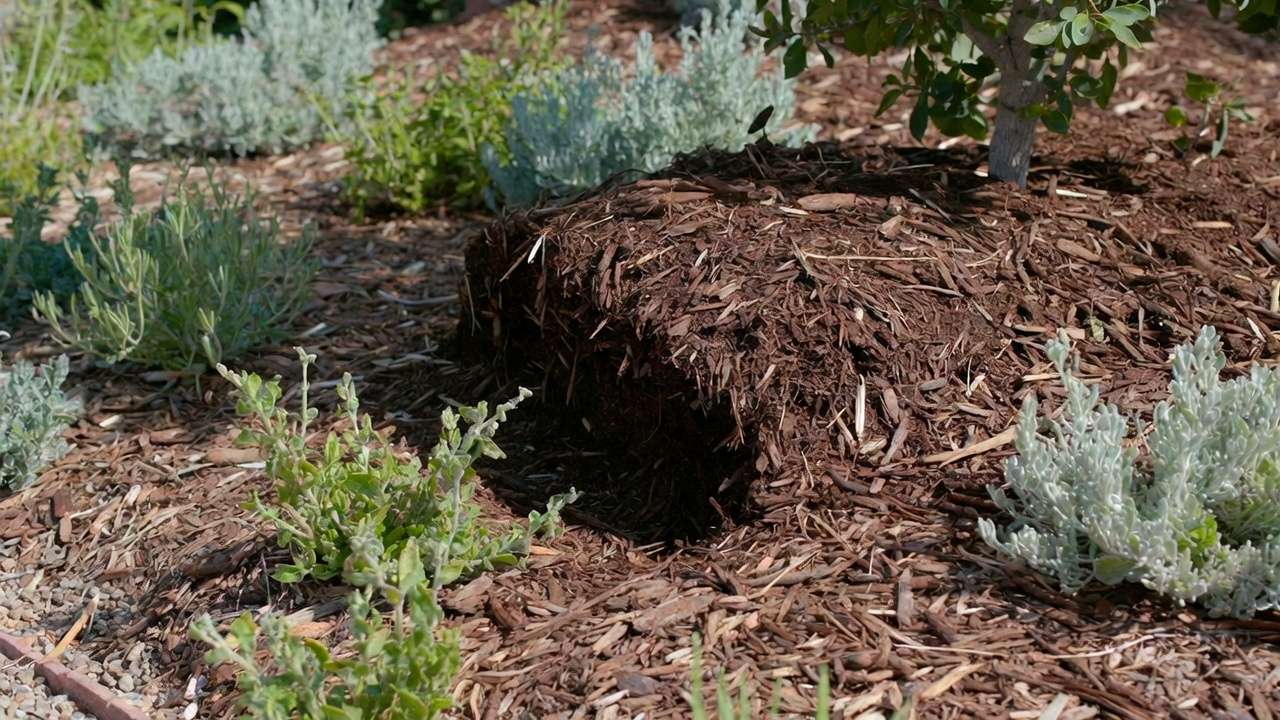 Properly applied organic mulch in a xeriscape garden bed showing correct depth and placement around drought-tolerant plants