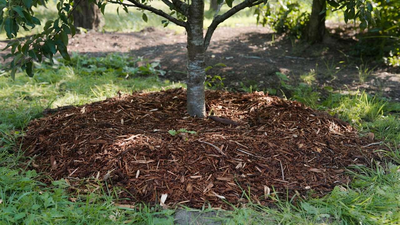 Proper way to apply wood chip mulch around tree base for maximum water retention avoiding common mistakes