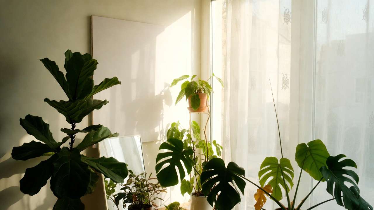 Indoor plants positioned near bright window with reflective surfaces to increase natural light